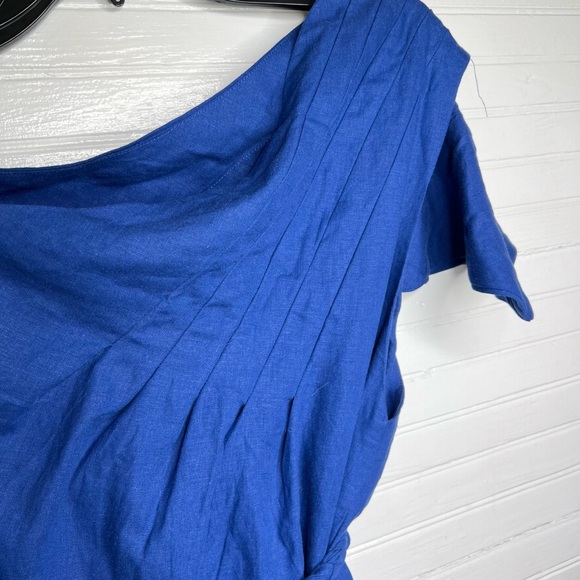 Farm Rio Women's One-Shoulder Leaf Blue Midi Maxi Lenzing Dress M Belted Waist - Picture 6 of 10